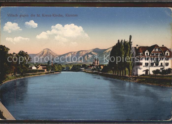 Villach Kaernten Partie an der Drau gegen Heilig Kreuz Kirche