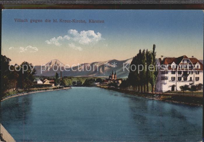 Villach Kaernten Partie an der Drau Blick gegen Heilig Kreuz Kirche
