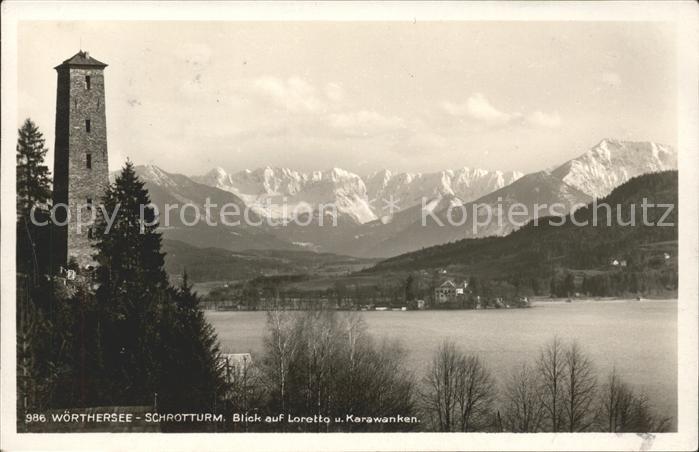 Woerthersee Schrotturm Blick auf Loretto und Karawanken