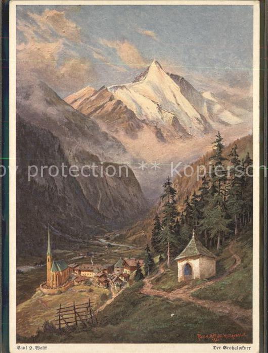 Heiligenblut Kaernten mit Kirche und Grossglockner Kuenstlerkarte