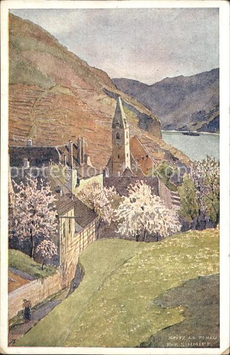 Spitz Donau Teilansicht mit Kirche und Donau Künstl