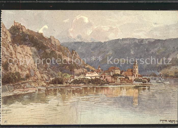 Duernstein Wachau mit Burg und Donau Künstlerkarte