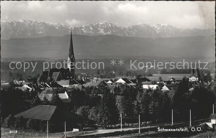 Schwanenstadt Ortsansicht mit Kirche und Alpenpanorama