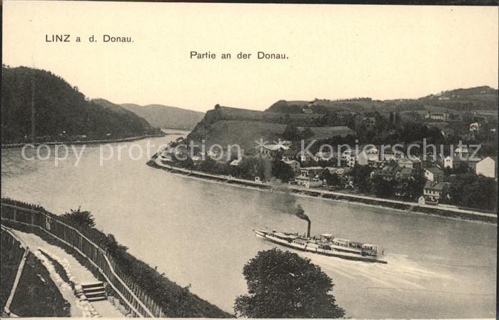 Linz Donau Partie an der Donau Dampfer handkolorierte Kuenstlerkarte