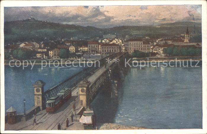 Urfahr Linz Donau Donaubrücke Strassenbahn Künstlerkarte