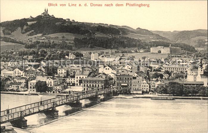Linz Donau Teilansicht mit Pöstlingberg und Wallfa