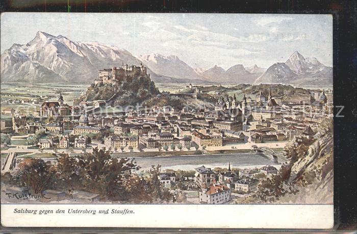 Salzburg Oesterreich Stadtblick mit Festung Hohensalzburg Untersberg und Stauffe