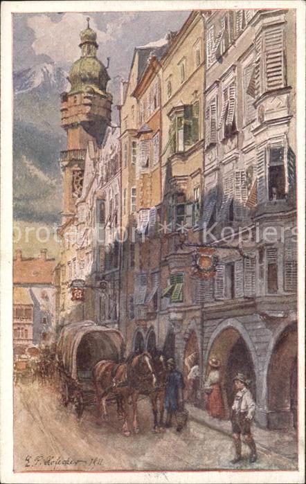 Innsbruck Herzog-Friedrichstrasse Kuenstlerkarte Pferdewagen Goldenes Dachl