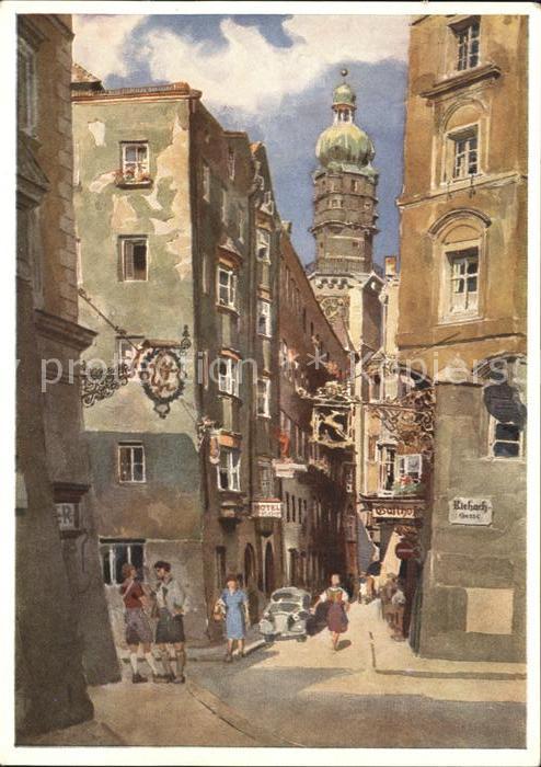 Innsbruck Seilergasse mit Stadtturm Kuenstlerkarte Edo v. Handel-Mazzetti