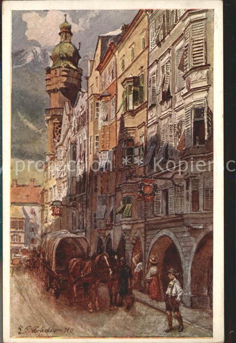 Innsbruck Herzog Friedrichstrasse Goldenes Dachl Pferdewagen Kuenstlerkarte