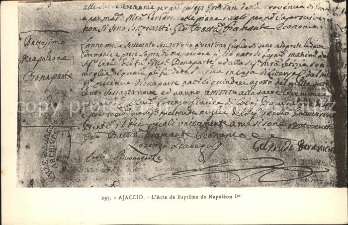 Napoleon Bonaparte Ajaccio Acte de Bapteme de Napoleon