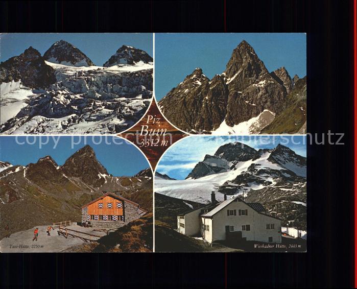 Wiesbadener Huette und Tuoi Huette mit Piz Buin Schutzhuette Silvretta