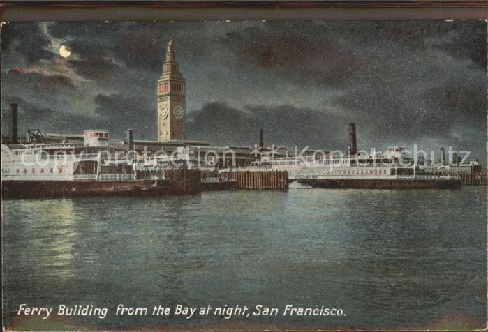 San Francisco California Ferry Building from the Bay at night