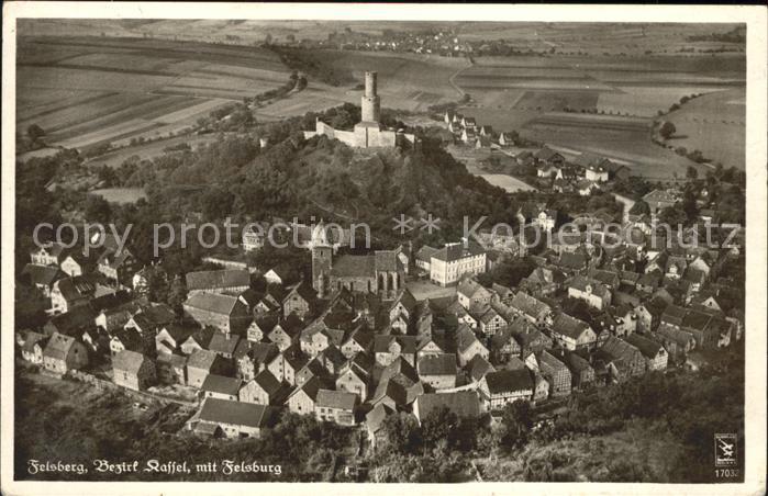 Felsberg Hessen Gesamtansicht mit Felsburg und Butterfassturm Fliegeraufnahme