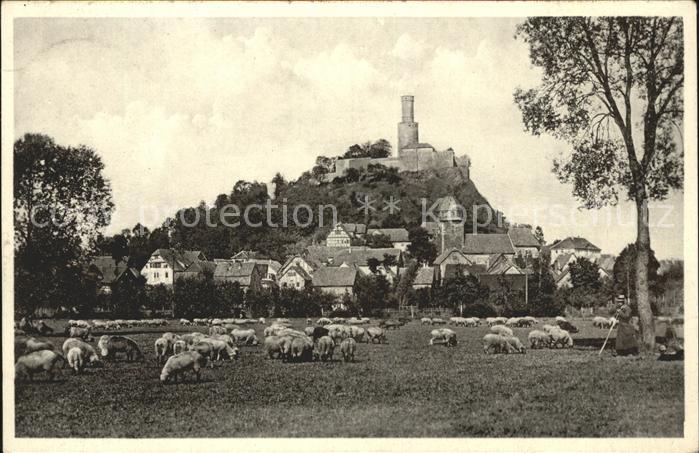 Felsberg Hessen Ortsansicht mit Kirche und Felsburg mit Butterfassturm Schafherd