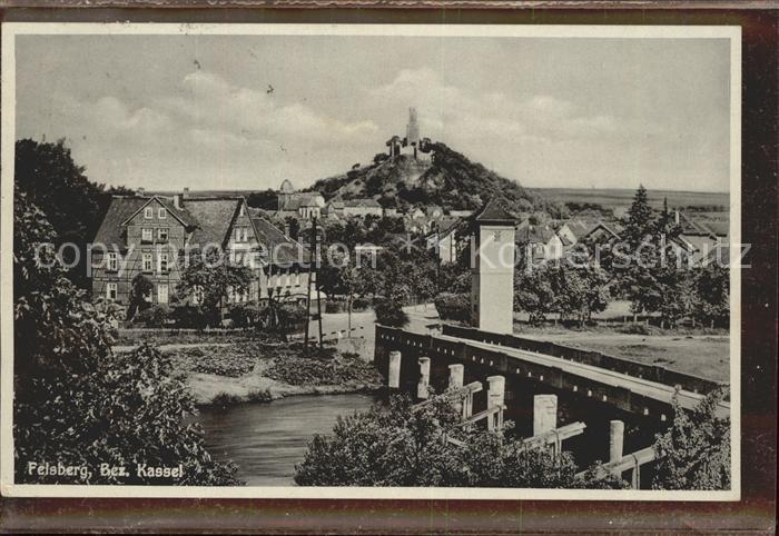 Felsberg Hessen Bruecke Turm Blick zur Felsburg mit Butterfassturm