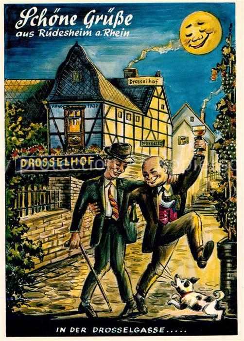 Ruedesheim Rhein Drosselhof in der Drosselgasse Karikatur