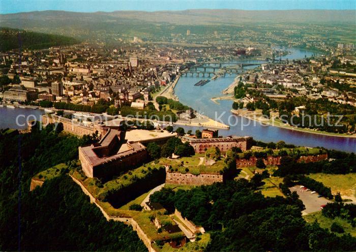 Koblenz Rhein Festung Ehrenbreitstein und Deutsches Eck Fliegeraufnahme