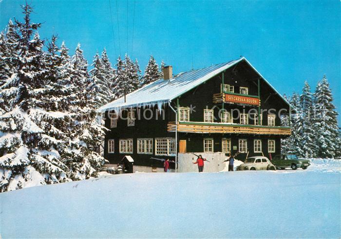 Krusne Hory Schweizer Baude am Hang des Plessbergs Winterlandschaft