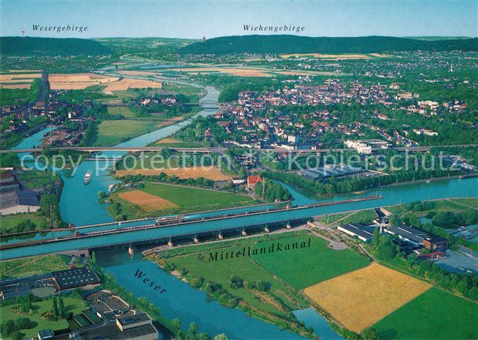 Minden Westfalen Fliegeraufnahme mit Weser Mittellandkanal und Wiehengebirge