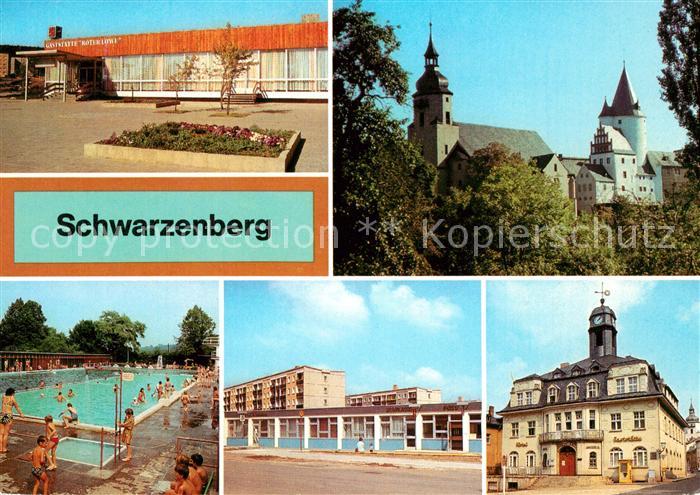 Schwarzenberg Erzgebirge Gaststaette Roter Loewe Schloss Kirche Freibad