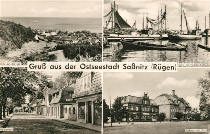 Sassnitz Ostseebad Ruegen Seeblick Fischereihafen Promenade Rathaus und Post