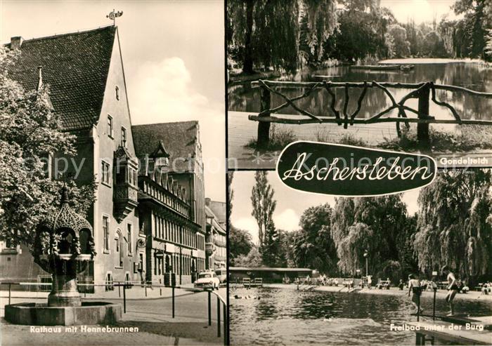 Aschersleben Sachsen-Anhalt Rathaus mit Hennebrunnen Gondelteich Freibad