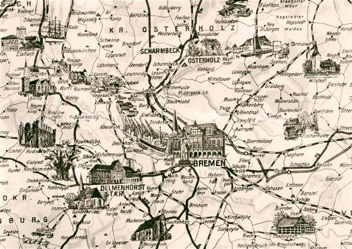 BREMEN CITY Ausschnitt aus Bilderkarte von Nordwestdeutschland