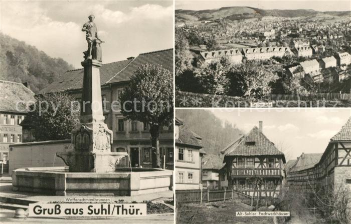 Suhl Thueringer Wald Waffenschmiedbrunnen Panorama Alt Suhler Fachwerkhaeuser
