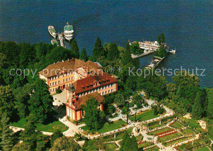 Insel Mainau Fliegeraufnahme mit Schloss Kirche Schlossterrasse und Rosengarten