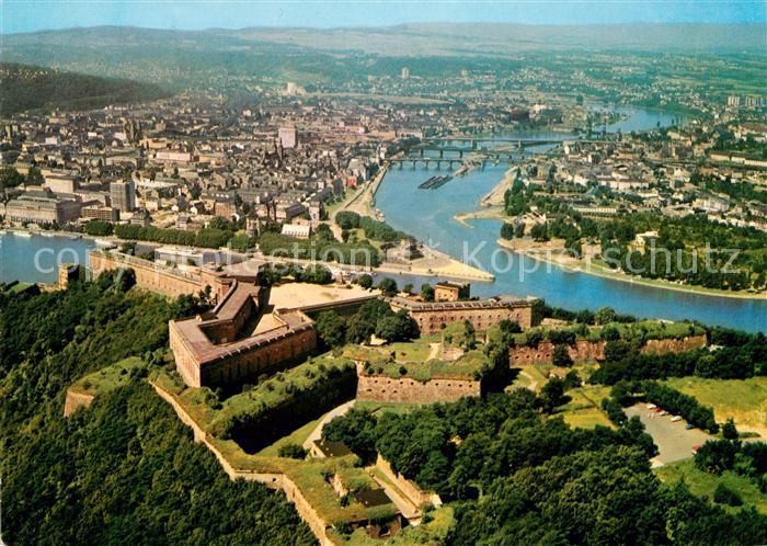 Koblenz Rhein Festung Ehrenbreitstein und Deutsches Eck Fliegeraufnahme