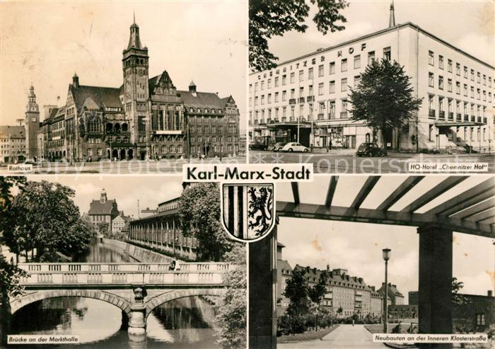 Karl-Marx-Stadt Rathaus HO Hotel Chemnitzer Hof Bruecke an der Markthalle Neubau