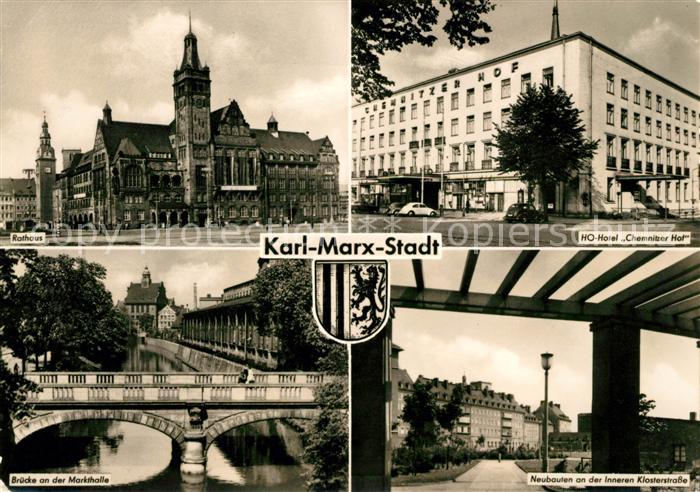 Karl-Marx-Stadt Rathaus HO Hotel Chemnitzer Hof Bruecke an der Markthalle Neubau