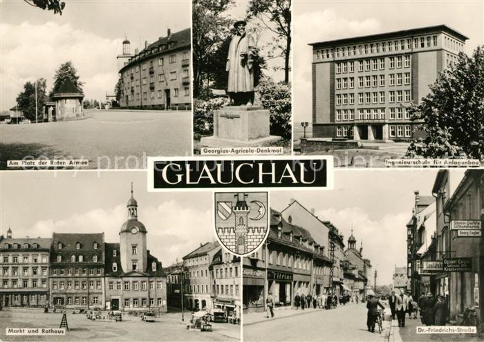 Glauchau Platz der Roten Armee Georgius Agricola Denkmal Ingenieurschule Markt R