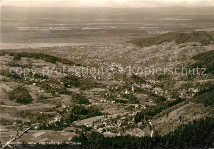 Buehlertal Fliegeraufnahme mit Rheinebene und Vogesen
