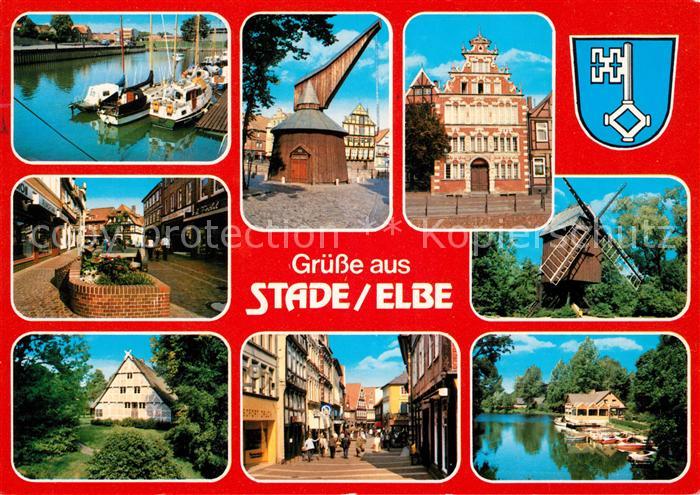 Stade Niederelbe Bootshafen Brunnen Kran Rathaus Windmuehle Fussgaengerzone