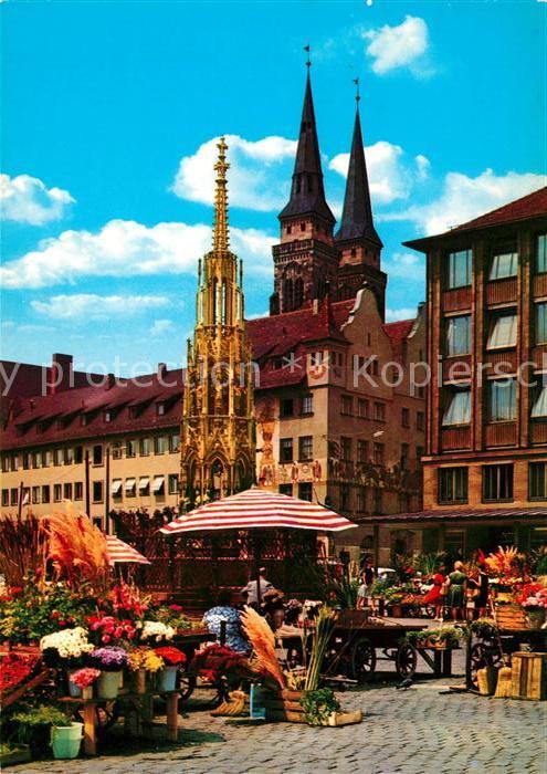 Nuernberg Schoener Brunnen Marktplatz Kirchtuerme