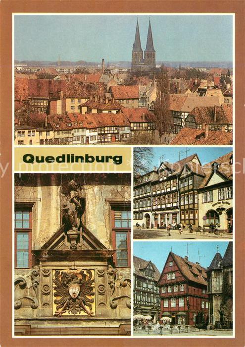 Quedlinburg Harz Stadtblick Kornmarkt Wappen am Rathaus Haeuser am Markt mit Rol