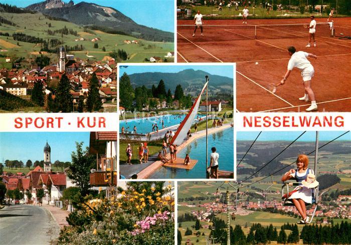 Nesselwang Teilansichten mit Kirche Freibad Tennisplatz Sessellift
