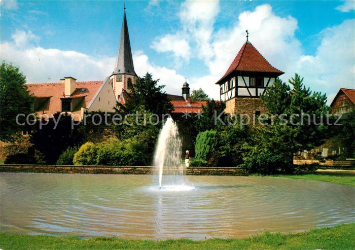 Michelstadt Stadtpark Spitzer Turm und Stadtkirche