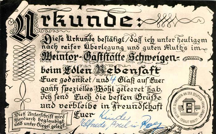 Oberotterbach Pfalz Weintor Gaststaette Urkunde