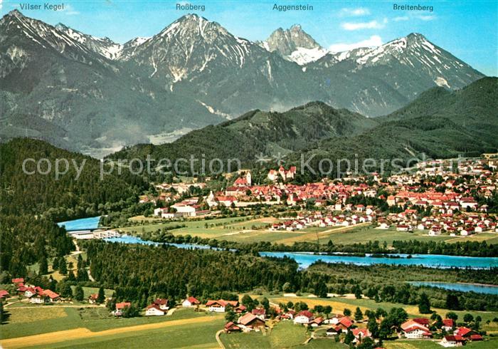 Fuessen Allgaeu mit Allgaeuer Alpen und Tiroler Alpen Fliegeraufnahme