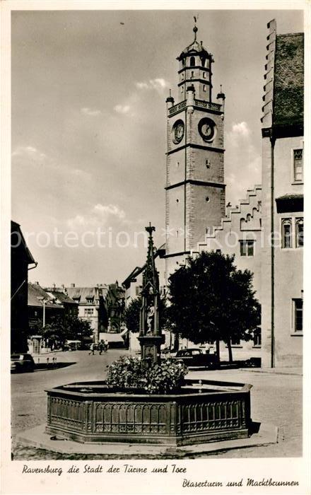 Ravensburg Wuerttemberg Blaserturm und Marktbrunnen