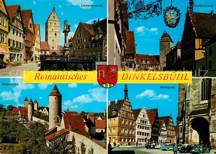 Dinkelsbuehl Loewenbrunnen Greifenschild Wehrtuerme Marktplatz