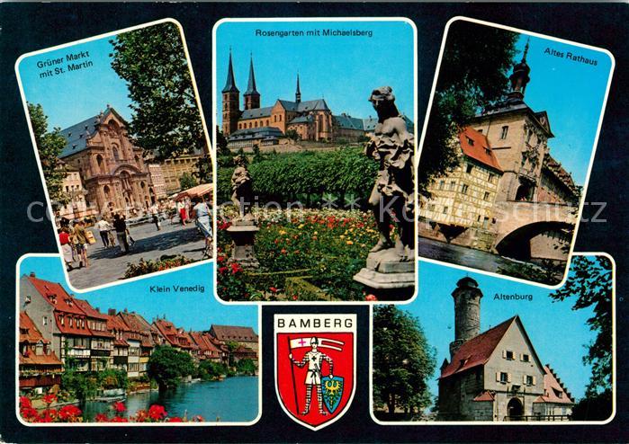 Bamberg Gruener Markt mit St Martin Rosengarten Michaelsburg Altes Rathaus Klein