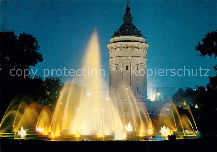 MANNHEIM BW Wasserspiele mit Wasserturm bei Nacht