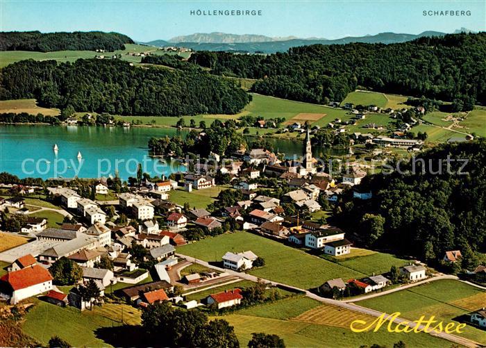 Mattsee Salzburg Fliegeraufnahme mit Niedertrummer Hoellengebirge und Schafberg