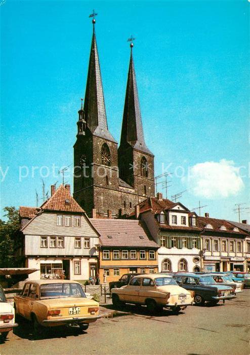 Quedlinburg Harz Blick vom Mathildenbrunnen zur Nikolaikirche