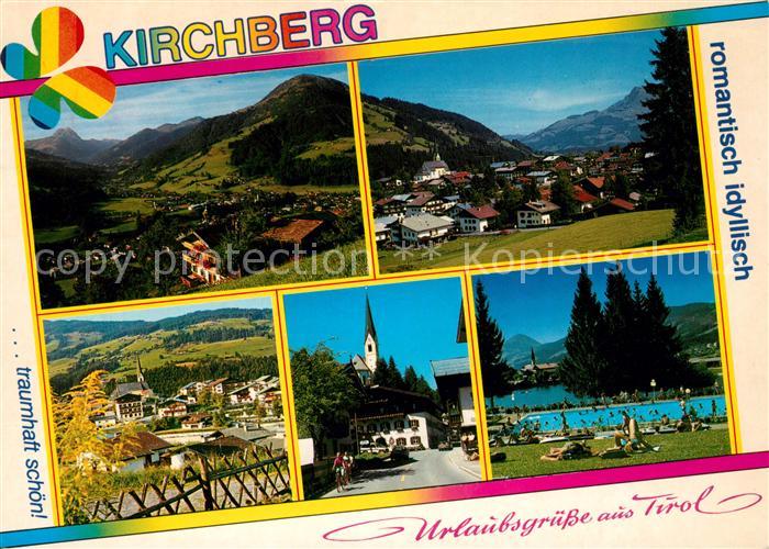 Kirchberg Tirol Gesamtansicht mit Alpenpanorama Ortsmotiv mit Kirche Freibad