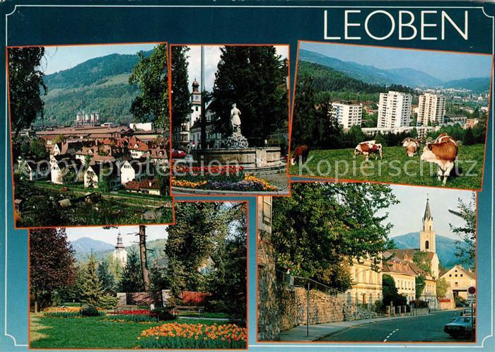 Leoben Teilansichten Brunnen Kirche Viehweide Kuehe